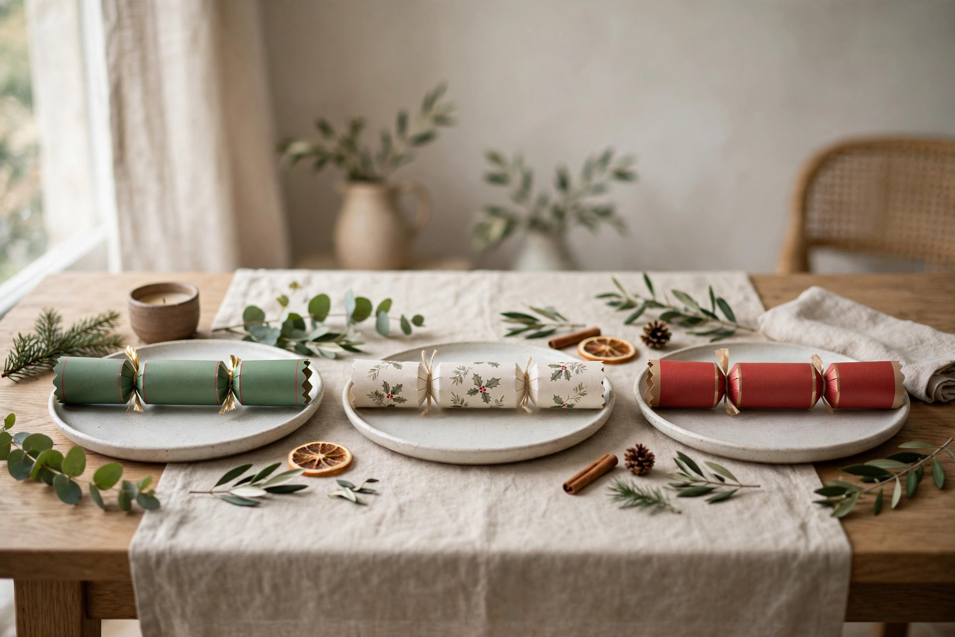 Christmas crackers laid across festive dinner plates on a holiday dinner table.