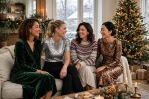 Several women in velvet, sequin, knit, and brocade Christmas outfits together indoors.