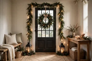 Festive Christmas entryway with wreath, garland, lanterns, bench and warm glowing lights.