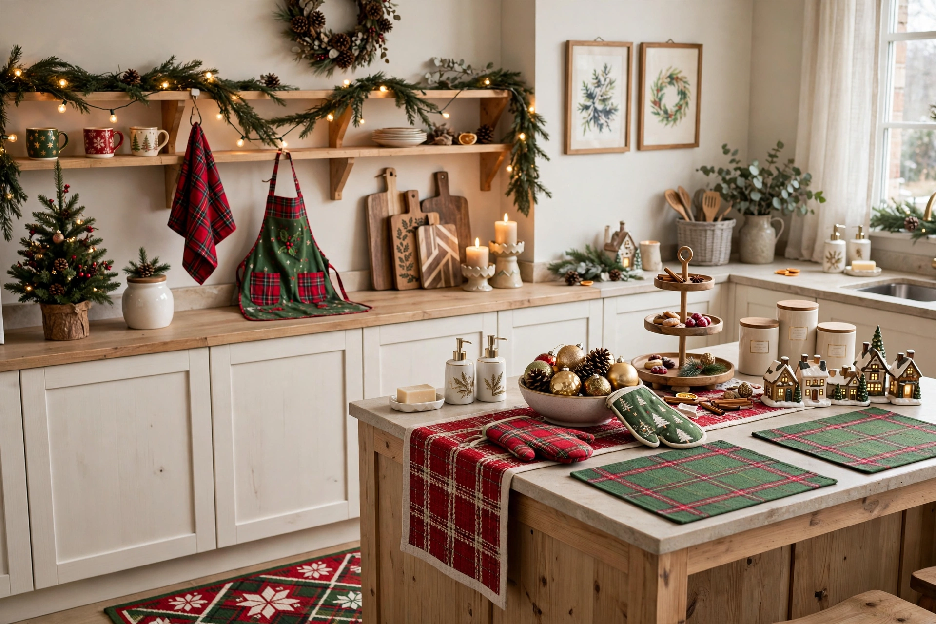 Christmas Kitchen Decor Ideas for a Festive Cozy Space 1 A bright Christmas kitchen with greenery, plaid textiles, glowing lights, and festive countertop displays.