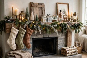 Cozy Christmas fireplace mantel decorated with garland, candles, stockings, and glowing warm lights