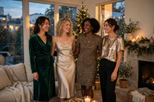 Woman in festive Christmas outfits with friends beside a decorated tree indoors.