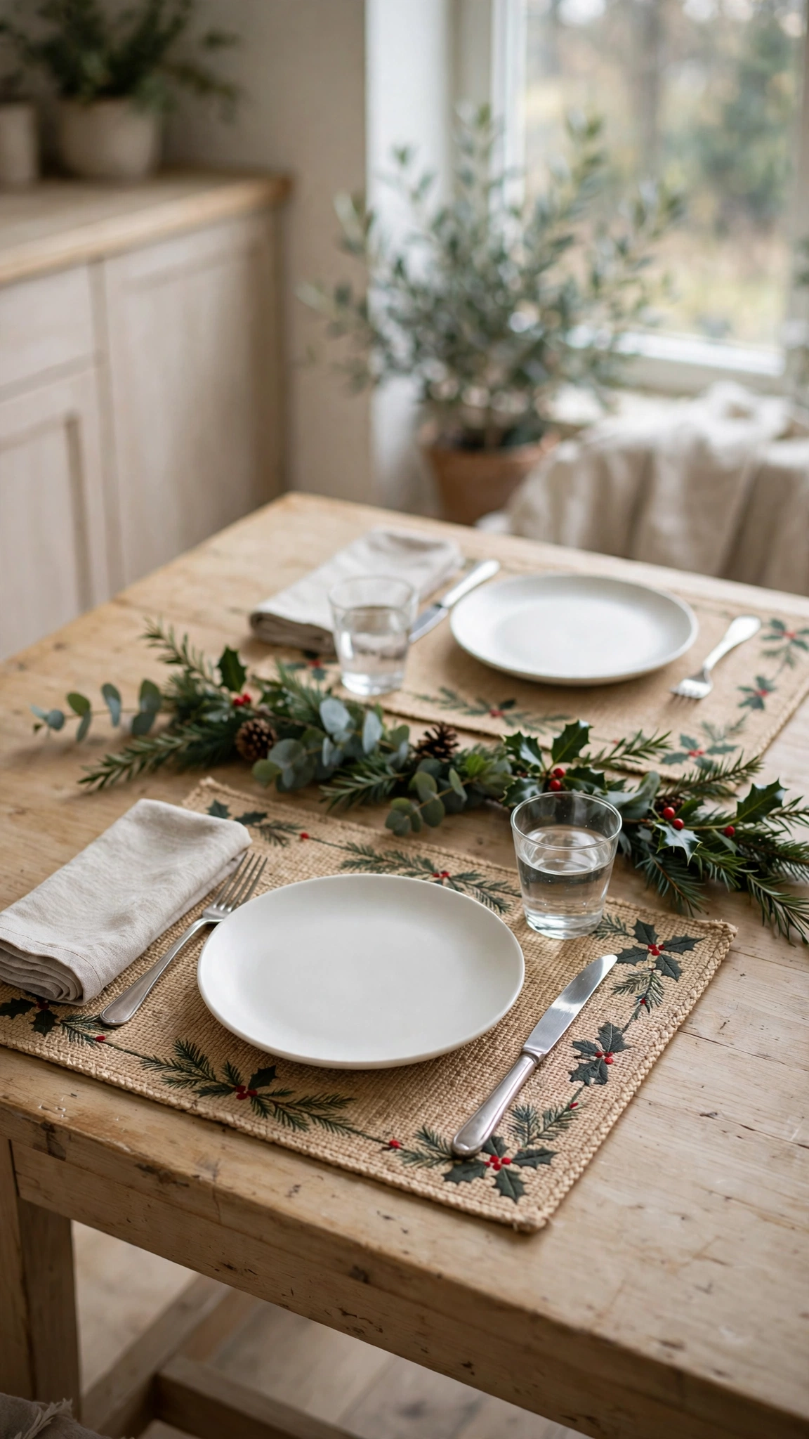 Christmas Kitchen Decor Ideas for a Festive Cozy Space 16 Christmas placemats set on a kitchen table with plain dinnerware and greenery.