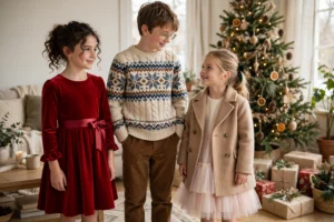 Children in velvet dresses, knit sweaters, and winter coats beside a decorated Christmas tree