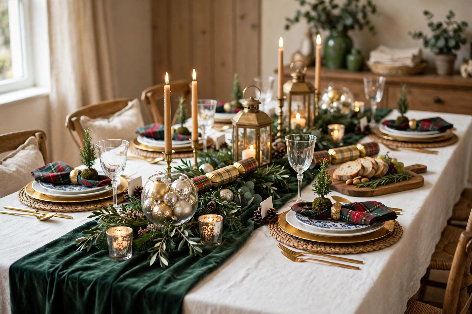Festive Christmas dinner table set with gold accents, greenery, candles, and layered place settings.