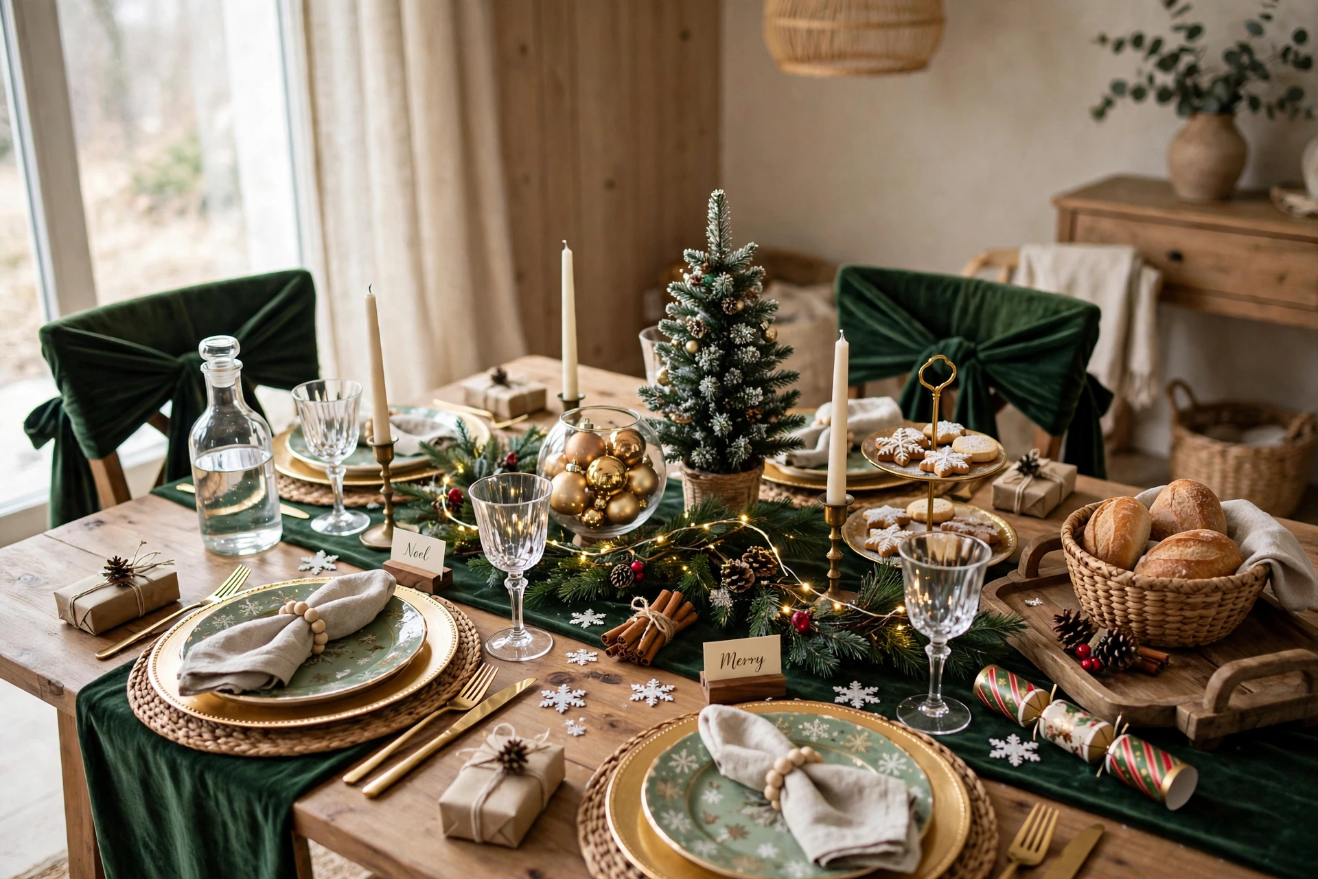 Small dining room Christmas table with slim runner, candles and layered festive settings.