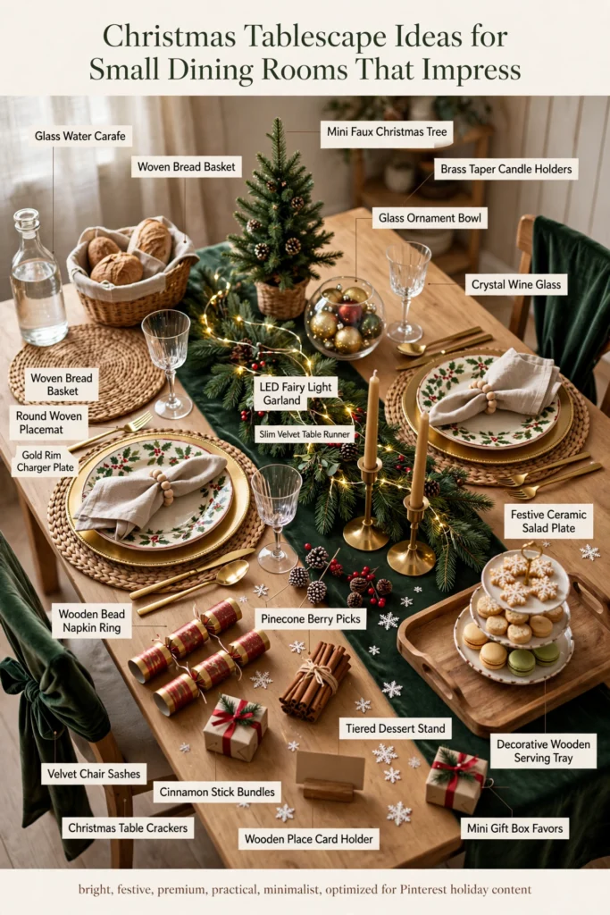 Labeled Christmas tablescape roundup with runner, chargers, candles, greenery and festive settings arranged together