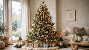 A decorated Christmas tree with warm lights, ornaments, ribbons, and gifts beside a fireplace