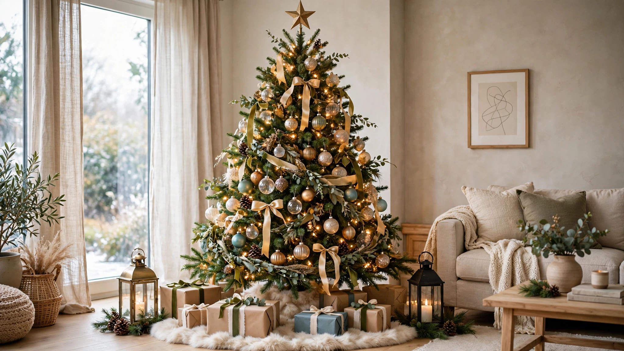 Christmas Tree Decorating Ideas for a Magical Holiday Look 1 A decorated Christmas tree with warm lights, ornaments, ribbons, and gifts beside a fireplace