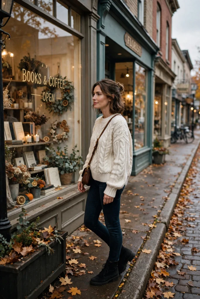 Woman in a chunky cable-knit sweater and dark jeans window-shopping on main street.