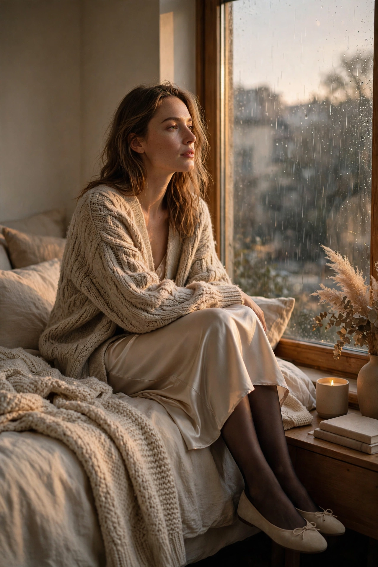 Woman in a chunky knit cardigan and slip skirt beside a rainy window.