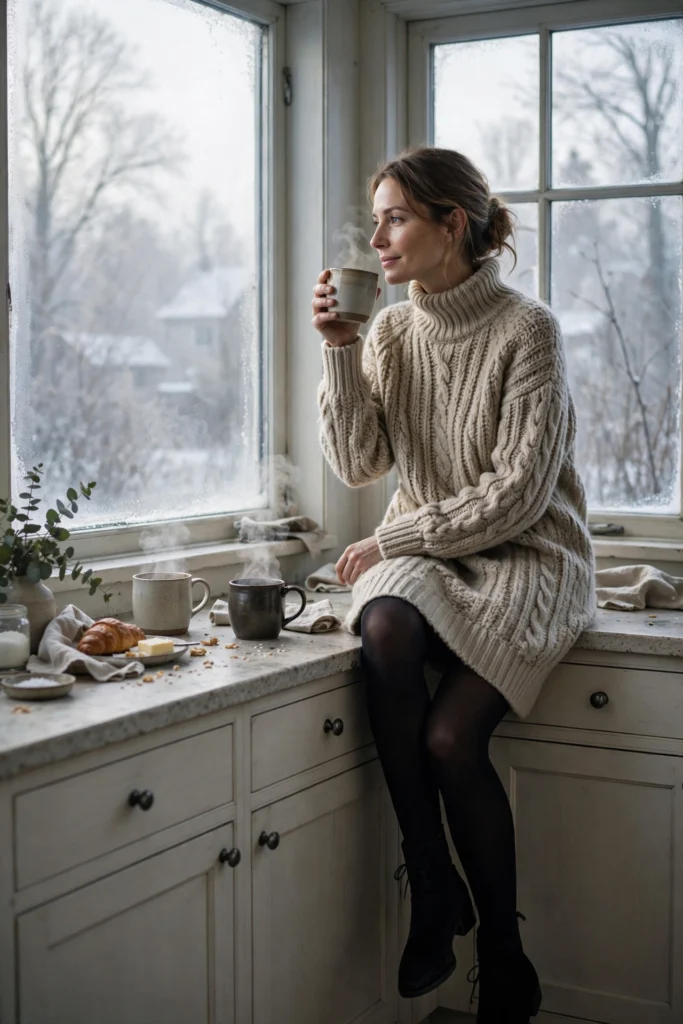 Turkey Day Outfit Ideas for a Festive Casual Look 7 Woman sipping coffee in a turtleneck sweater dress on a cold morning.