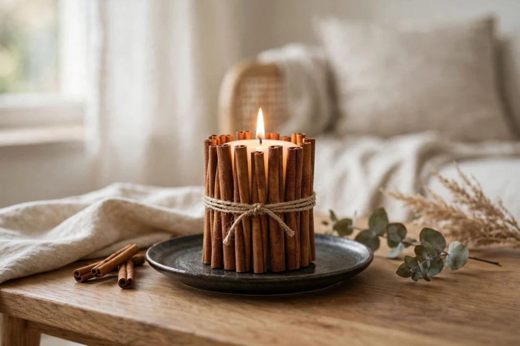 Turkey Day Decor Ideas for a Cozy Festive Home 5 Cinnamon stick pillar candle glowing warmly on a styled living room coffee table.