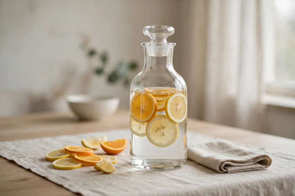 Modern Minimalist Thanksgiving Decor for a Chic Clean Table 16 Clear glass water carafe with citrus slices on a minimalist Thanksgiving table.