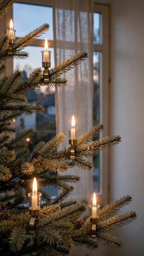 Christmas Tree Decorating Ideas for a Magical Holiday Look 18 Clip-on candle lights glowing warmly and softly on Christmas tree branches at dusk