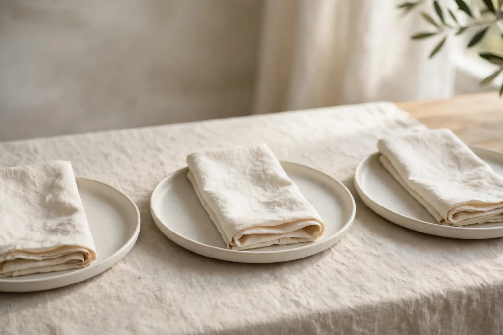 Budget Thanksgiving Tablescape Ideas That Still Look Elegant 9 Cream thrifted cloth napkins folded simply on elegant dinner plates.