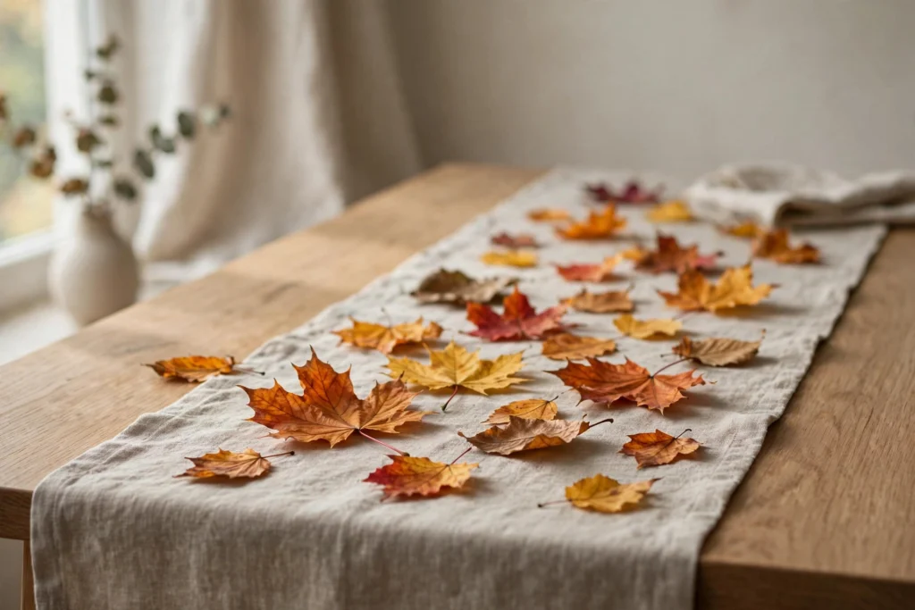 Colorful fall leaves scattered naturally along a Thanksgiving table runner with charm.