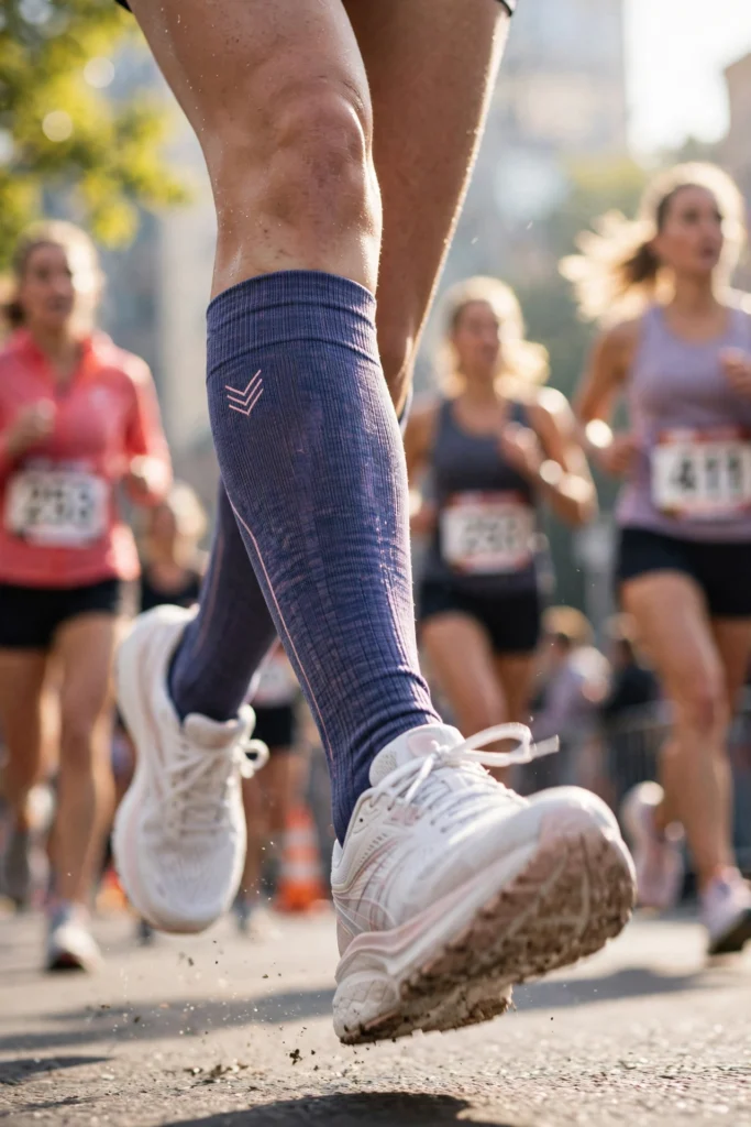 Close-up of compression socks and cushioned road shoes mid-stride in a race.