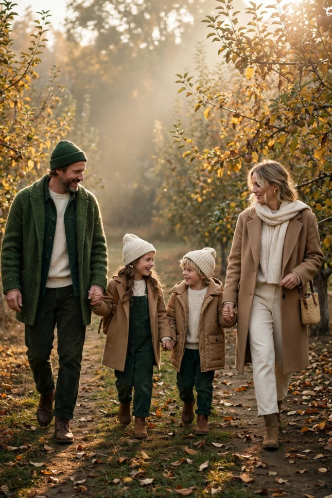 Family Thanksgiving Twinning Outfits for a Cute Photo Moment 4 Family of four in forest green and camel knits walking through an orchard.