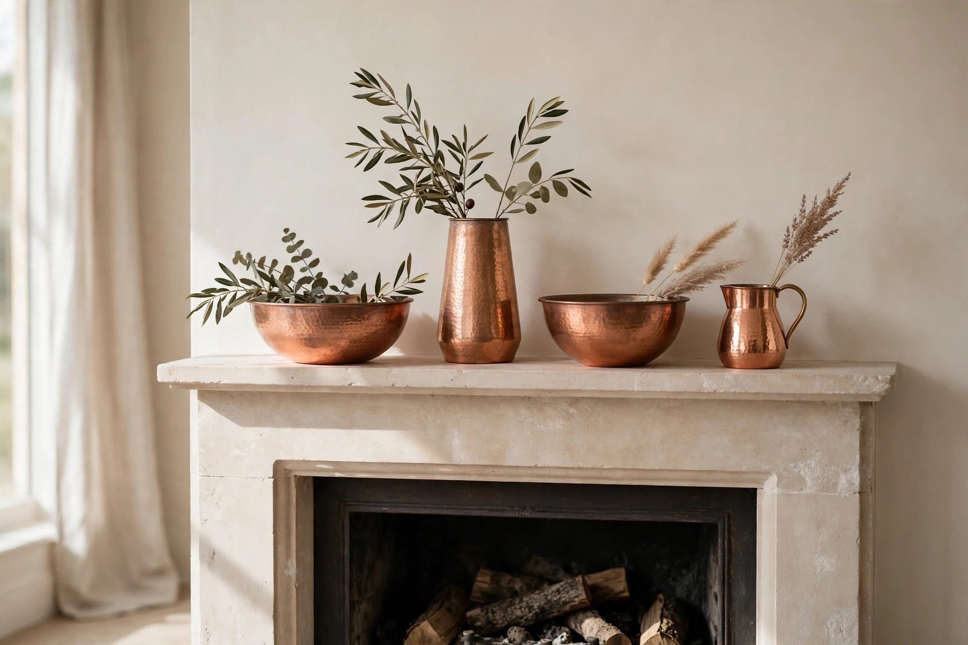 Copper bowls and vases adding warm metallic tones to a mantel.