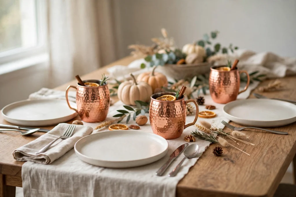 Turkey Day Decor Ideas for a Cozy Festive Home 26 Hammered copper cider mugs at place settings on a festive Thanksgiving table.