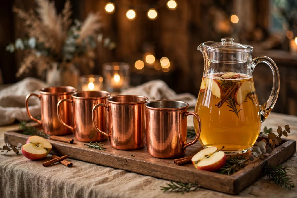 Friendsgiving Decor Ideas for a Fun Festive Party 21 Copper drinking mugs lined on a serving tray beside a cider pitcher.