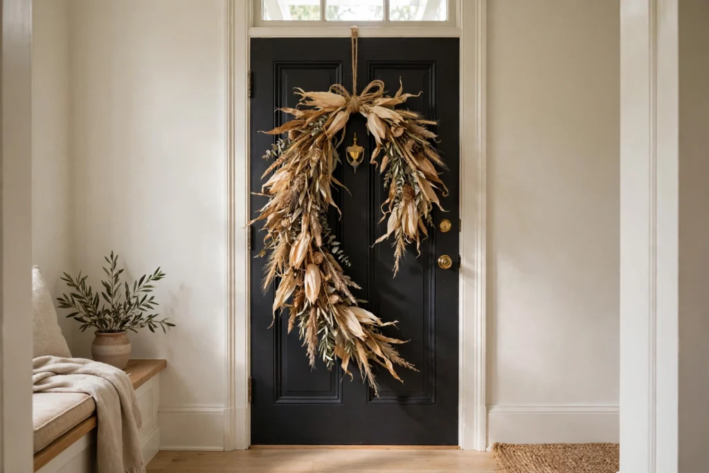 Turkey Day Decor Ideas for a Cozy Festive Home 16 Corn husk door swag hanging vertically on a welcoming autumn front door.