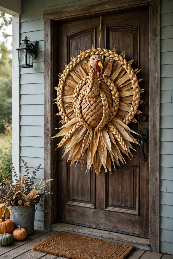 Corn husk turkey wreath with golden braided husks on farmhouse porch front door.