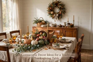 Warm Thanksgiving dining room with cornucopia centerpiece, pumpkins, candles, and harvest styling