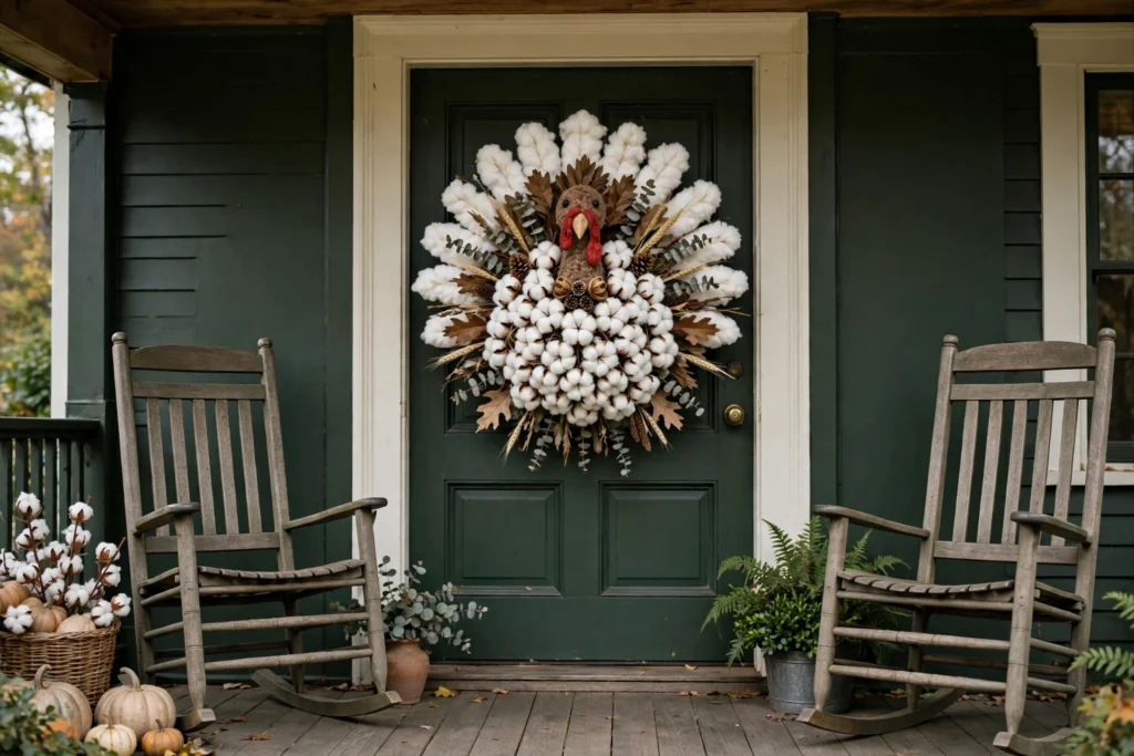Cotton boll turkey wreath with white bolls on dark green front door porch.