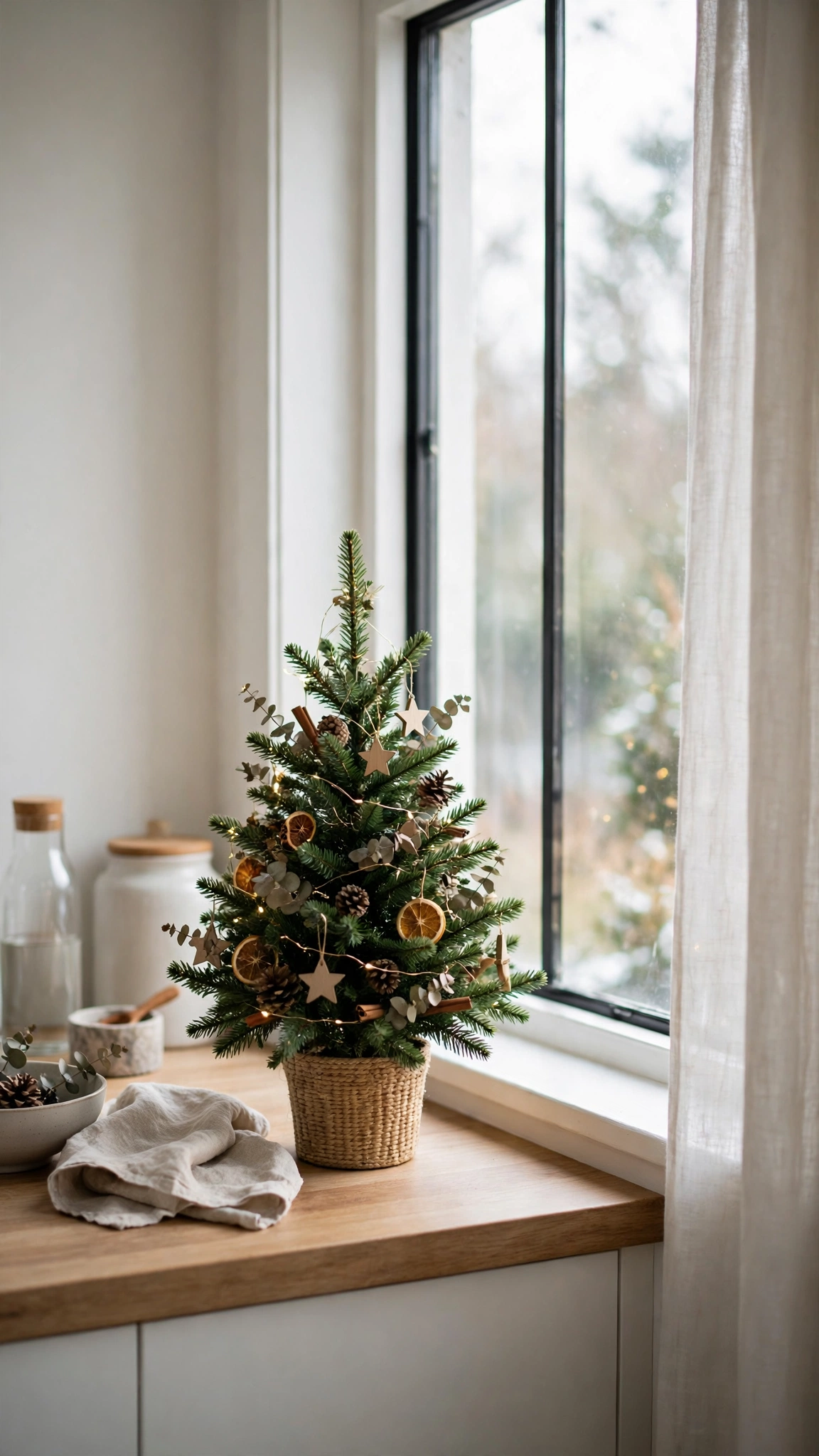 Christmas Kitchen Decor Ideas for a Festive Cozy Space 4 A small decorated Christmas tree on a kitchen counter beside a window with daylight.