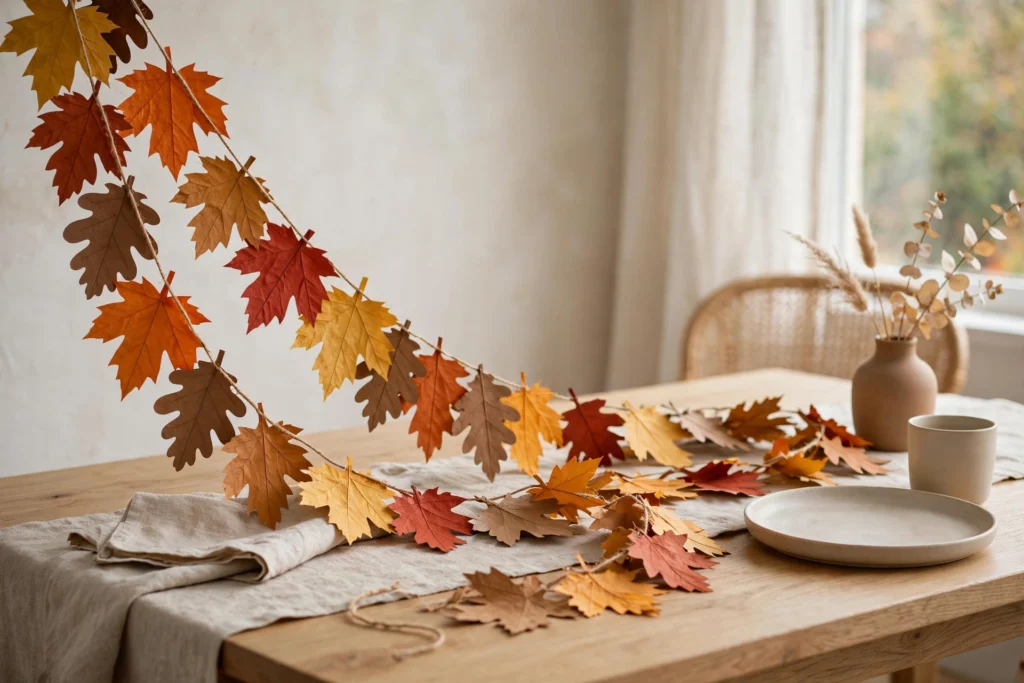 Handmade paper leaf garland in warm fall colors draped on a table.