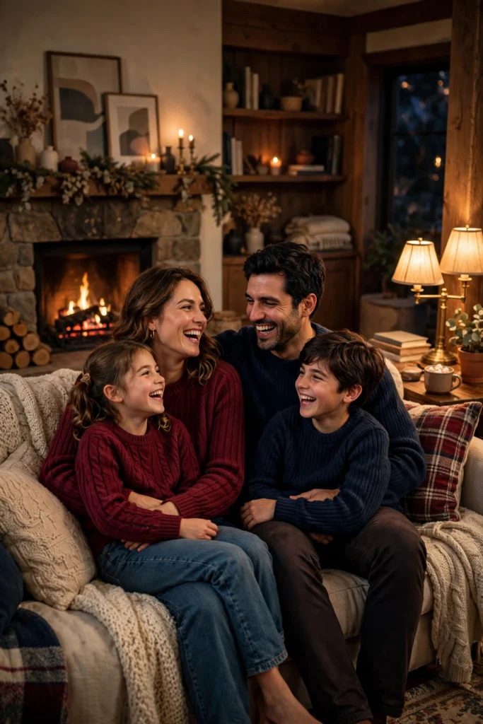 Family Thanksgiving Twinning Outfits for a Cute Photo Moment 18 Family of four in cranberry and navy knits laughing together on a couch.