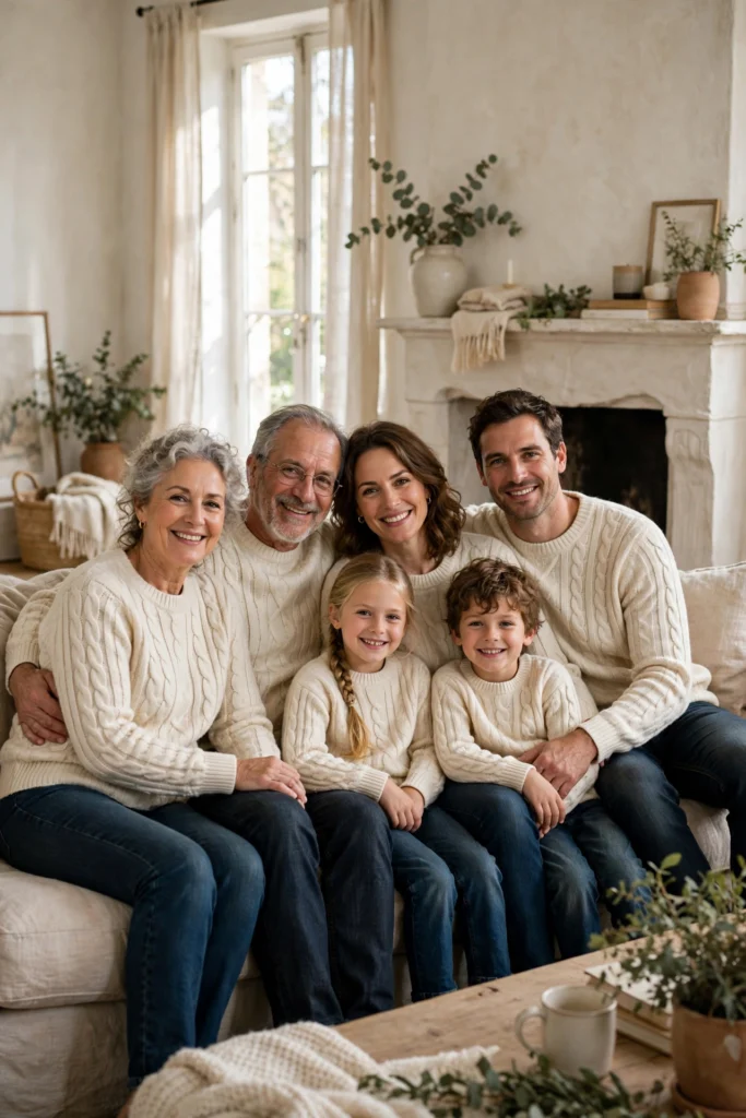 Family Thanksgiving Twinning Outfits for a Cute Photo Moment 3 Three generations in cream cable-knit sweaters smiling together by a warm fireplace.