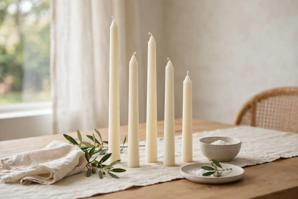 Cream taper candles in varying heights styled elegantly on a dining table.