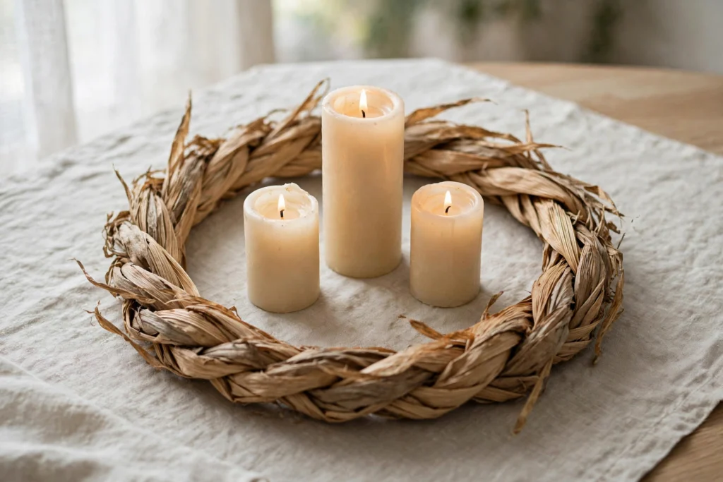 Natural corn husk wreath used as a charger beneath candles on table.