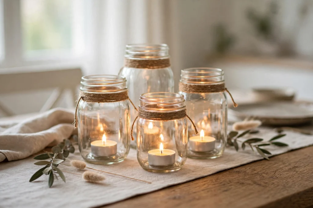 Mason jars wrapped in twine glowing warmly with tea lights as DIY centerpieces.