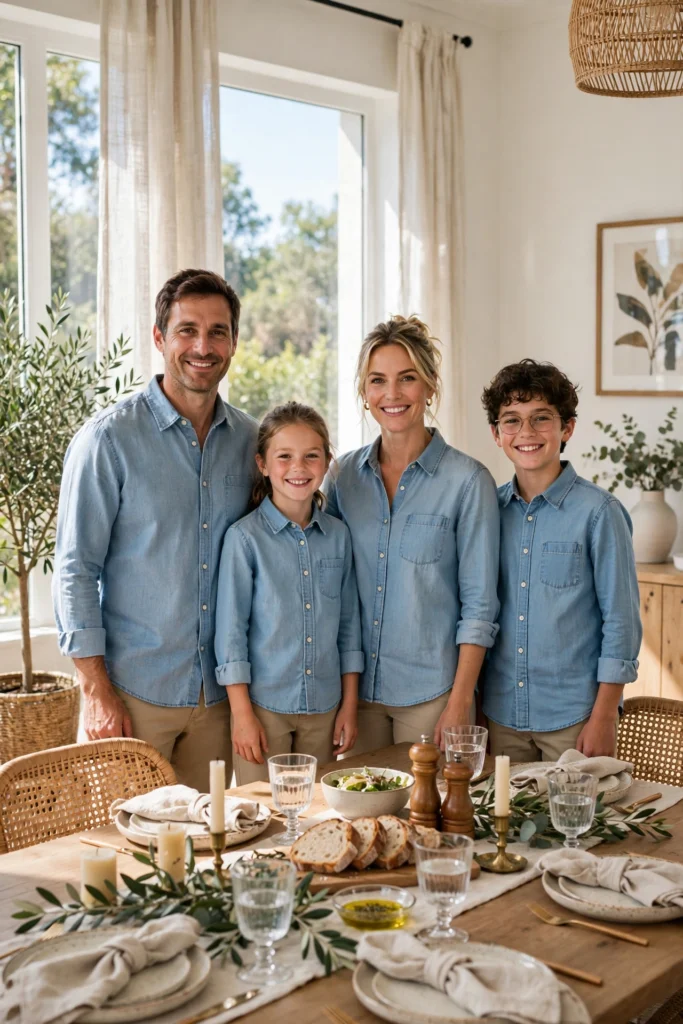 Family Thanksgiving Twinning Outfits for a Cute Photo Moment 11 Family of four in chambray shirts and khakis posing behind a set table.