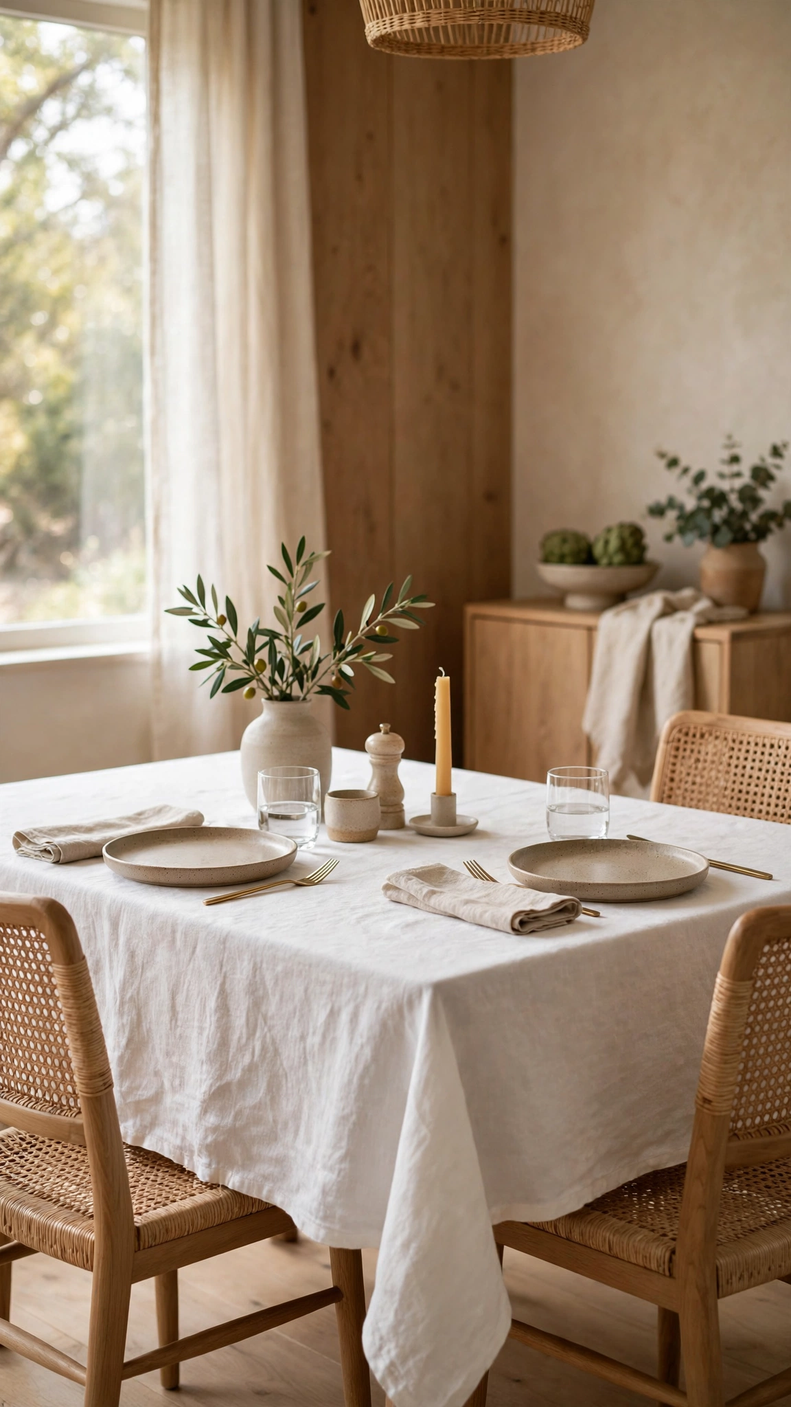 Dining table covered with a crisp white linen tablecloth in a festive dining room.
