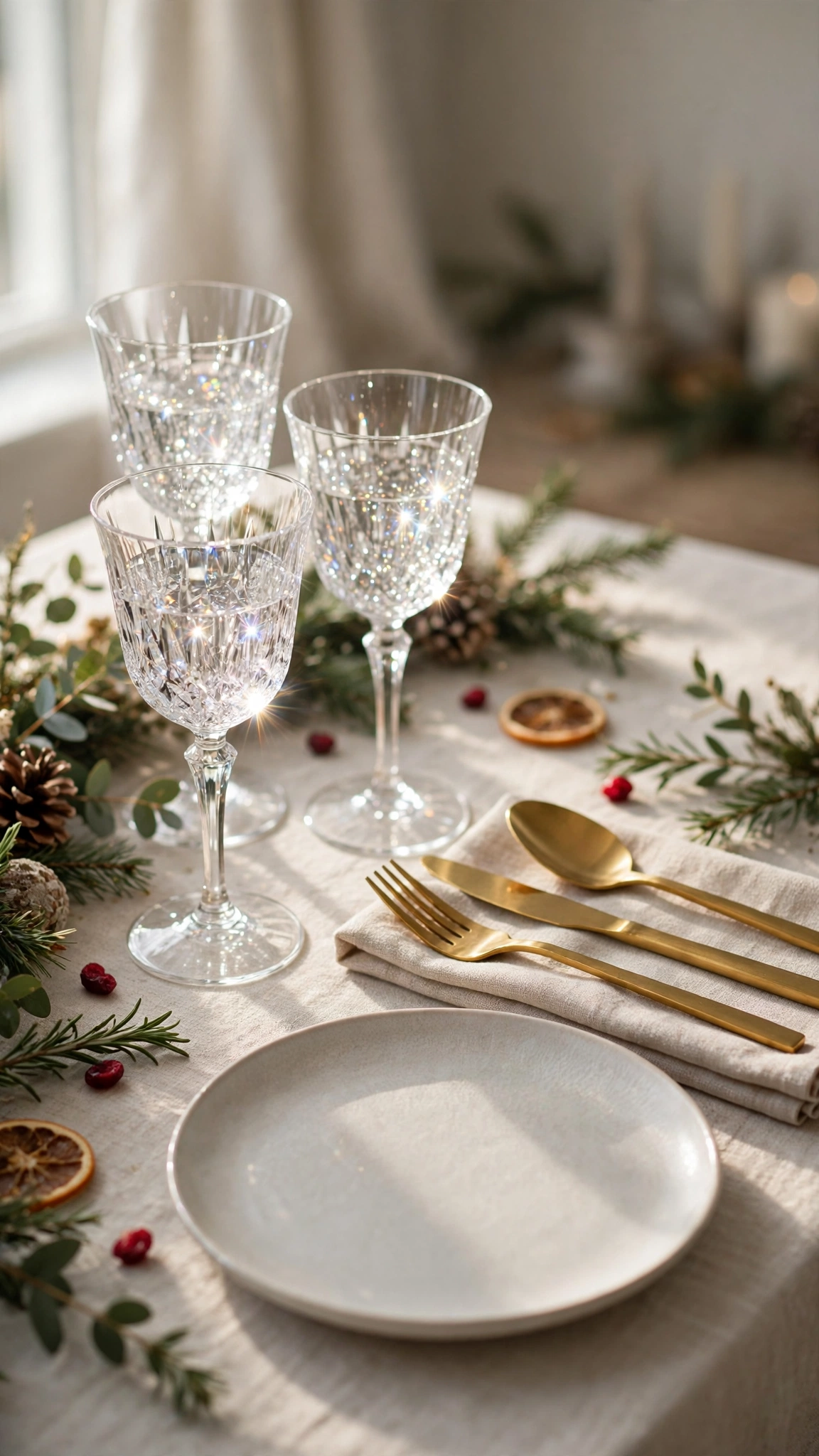 Crystal wine glasses sparkling beside gold flatware on a festive Christmas dinner table.