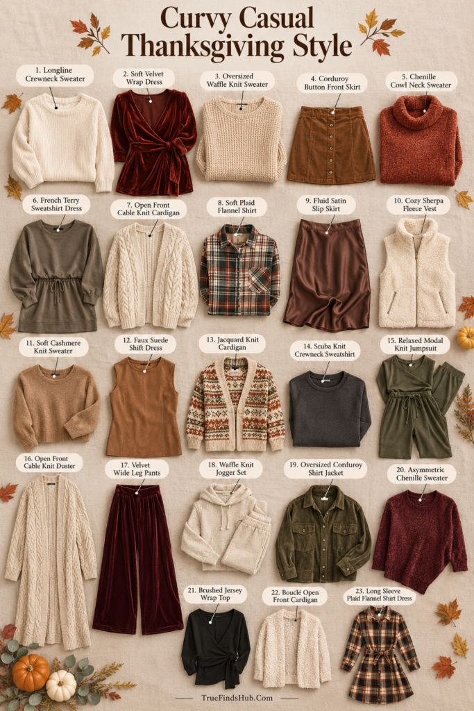 Curvy Casual Thanksgiving Style for a Relaxed Family Gathering 2 Curvy Thanksgiving outfits flat lay with a velvet wrap dress, waffle sweater, and cardigans.