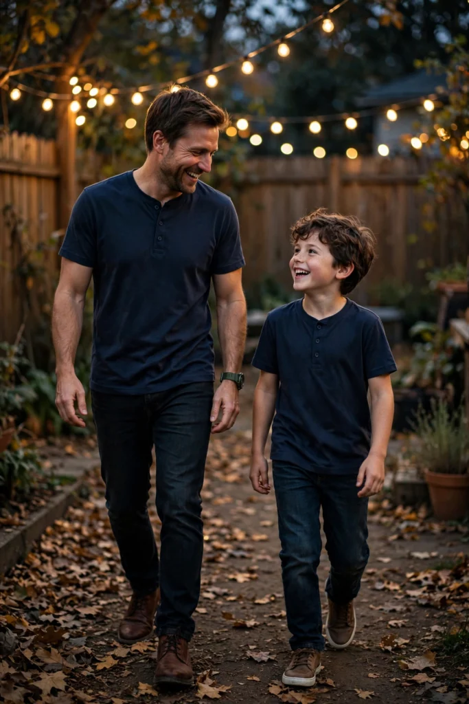 Family Thanksgiving Twinning Outfits for a Cute Photo Moment 6 Father and son laughing in matching navy henleys walking through a backyard.