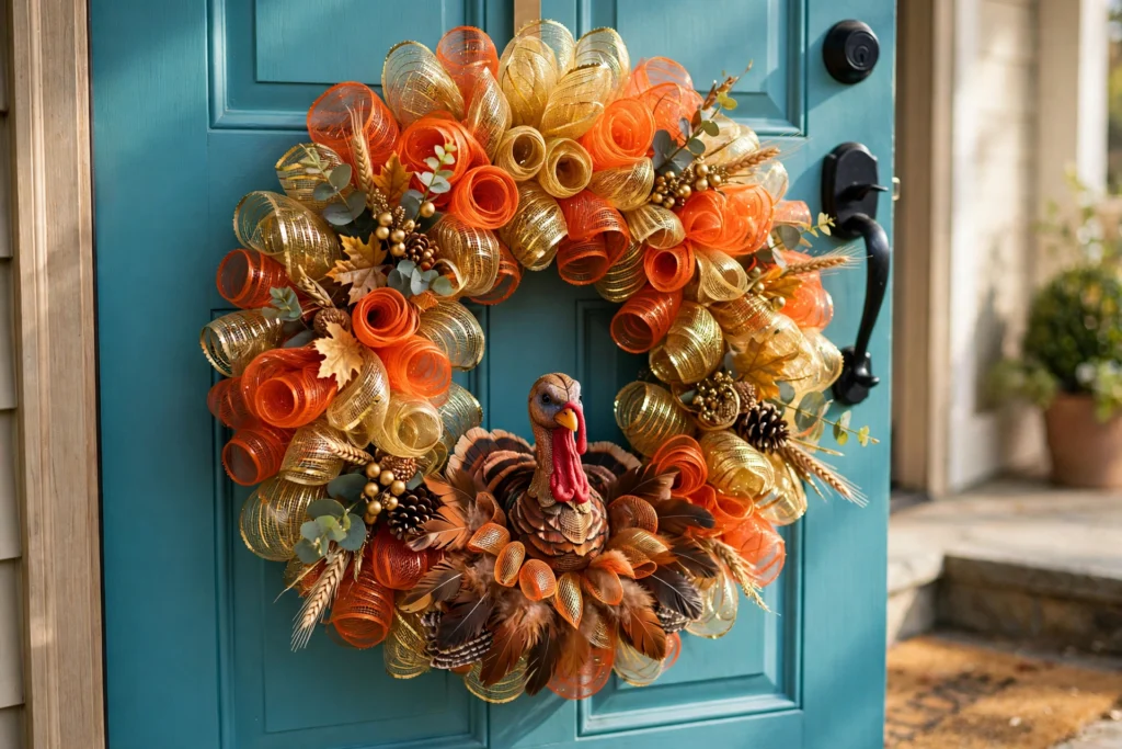 Colorful deco mesh turkey wreath with orange and gold loops on bright front door.
