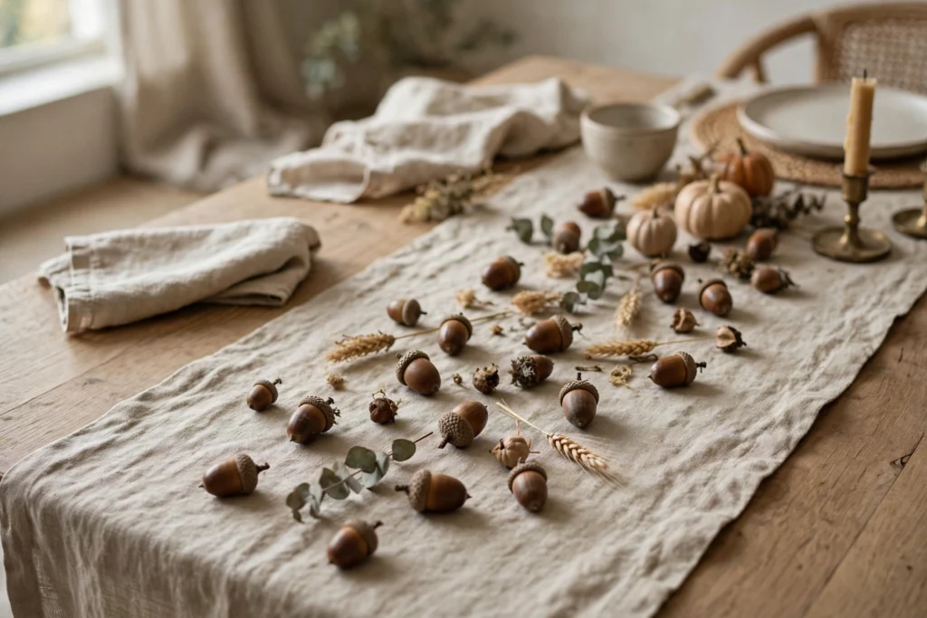 Cornucopia Decor Ideas for a Traditional Thanksgiving Table 14 Decorative acorns scattered along a linen runner on a Thanksgiving dining table