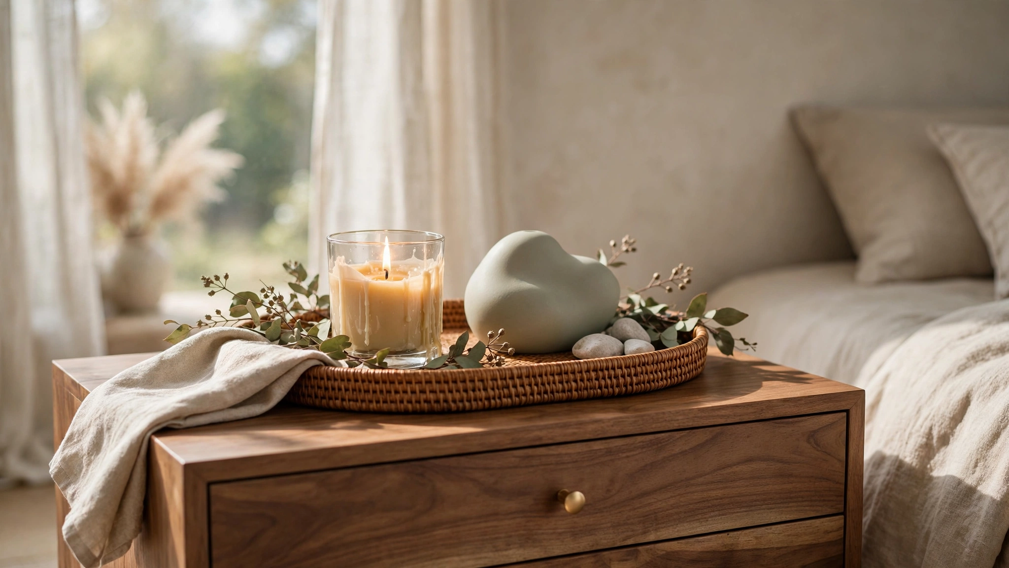Christmas Bedroom Decor Ideas for a Cozy Festive Retreat 17 Decorative bedside tray with candle and ornament on a cozy bedroom nightstand