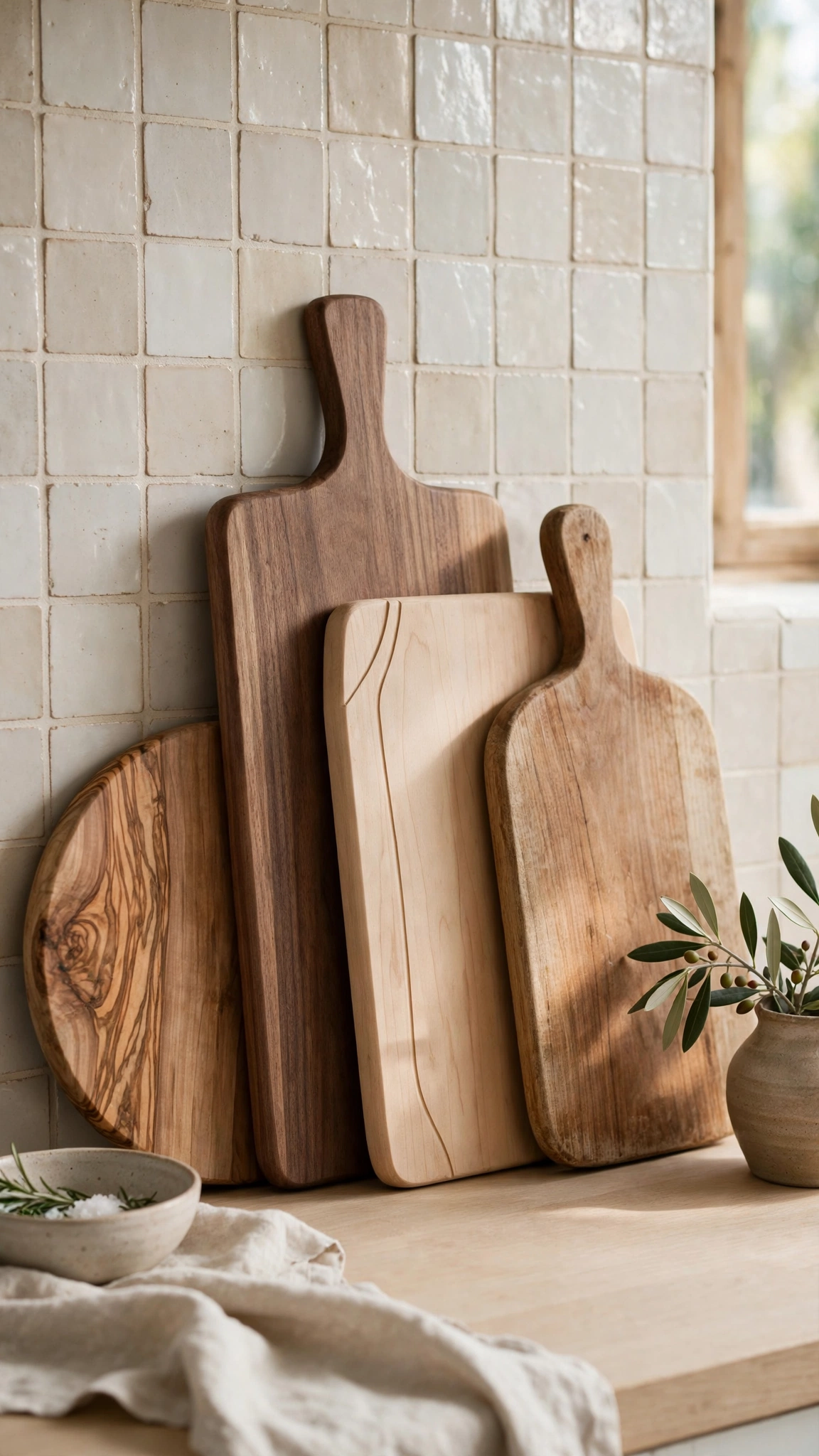 Christmas Kitchen Decor Ideas for a Festive Cozy Space 11 Decorative wooden cutting boards leaned against a kitchen backsplash in soft daylight.