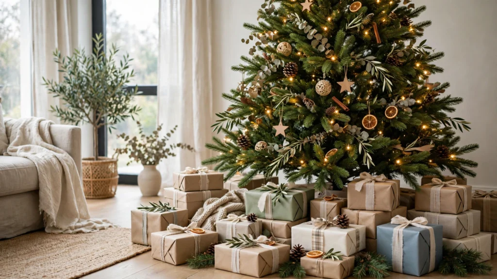 Christmas Tree Decorating Ideas for a Magical Holiday Look 17 Decorative gift boxes stacked beneath a Christmas tree with warm lights at dusk