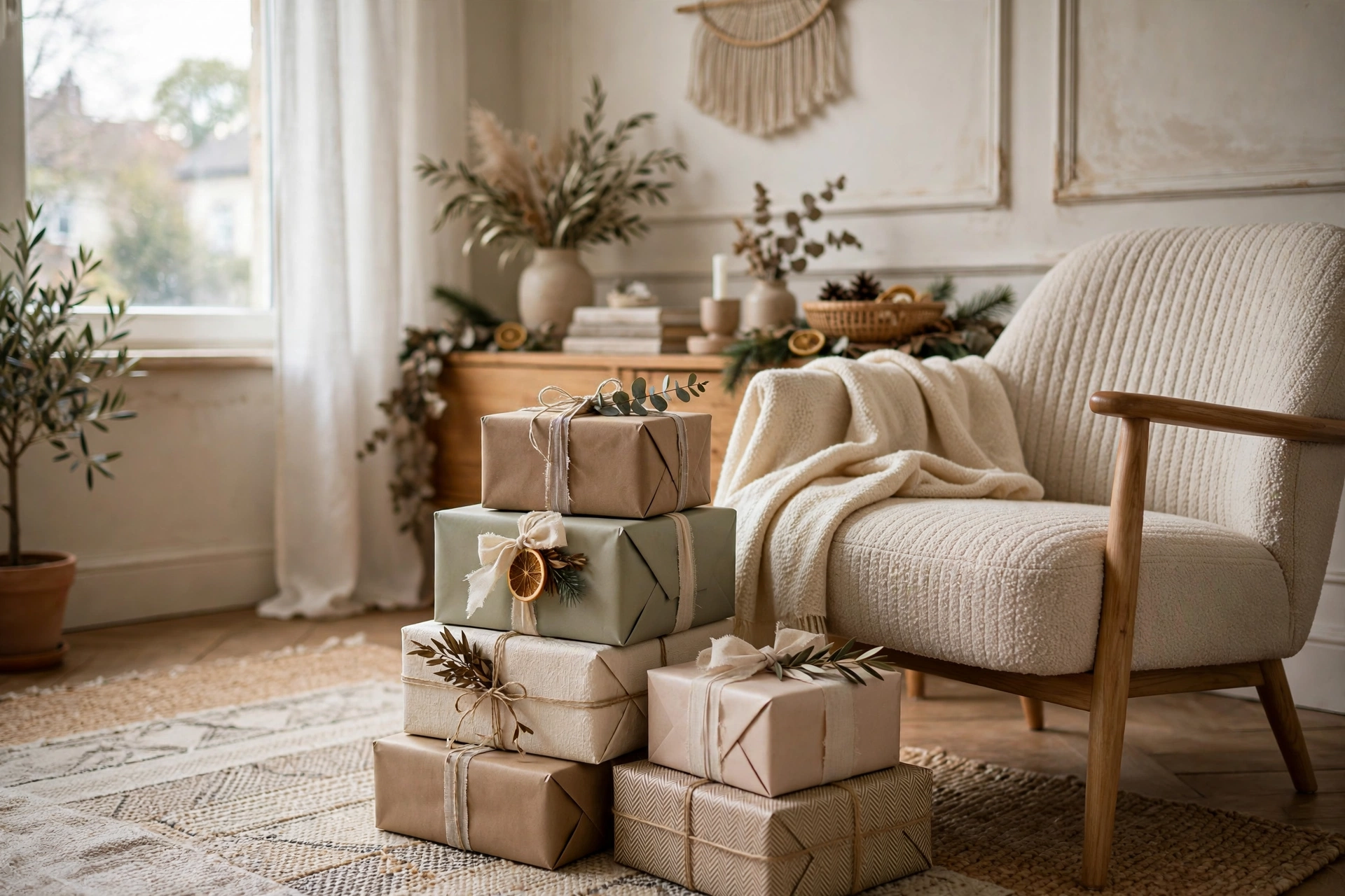 Decorative gift boxes stacked beside a chair in a bright festive rented living room.