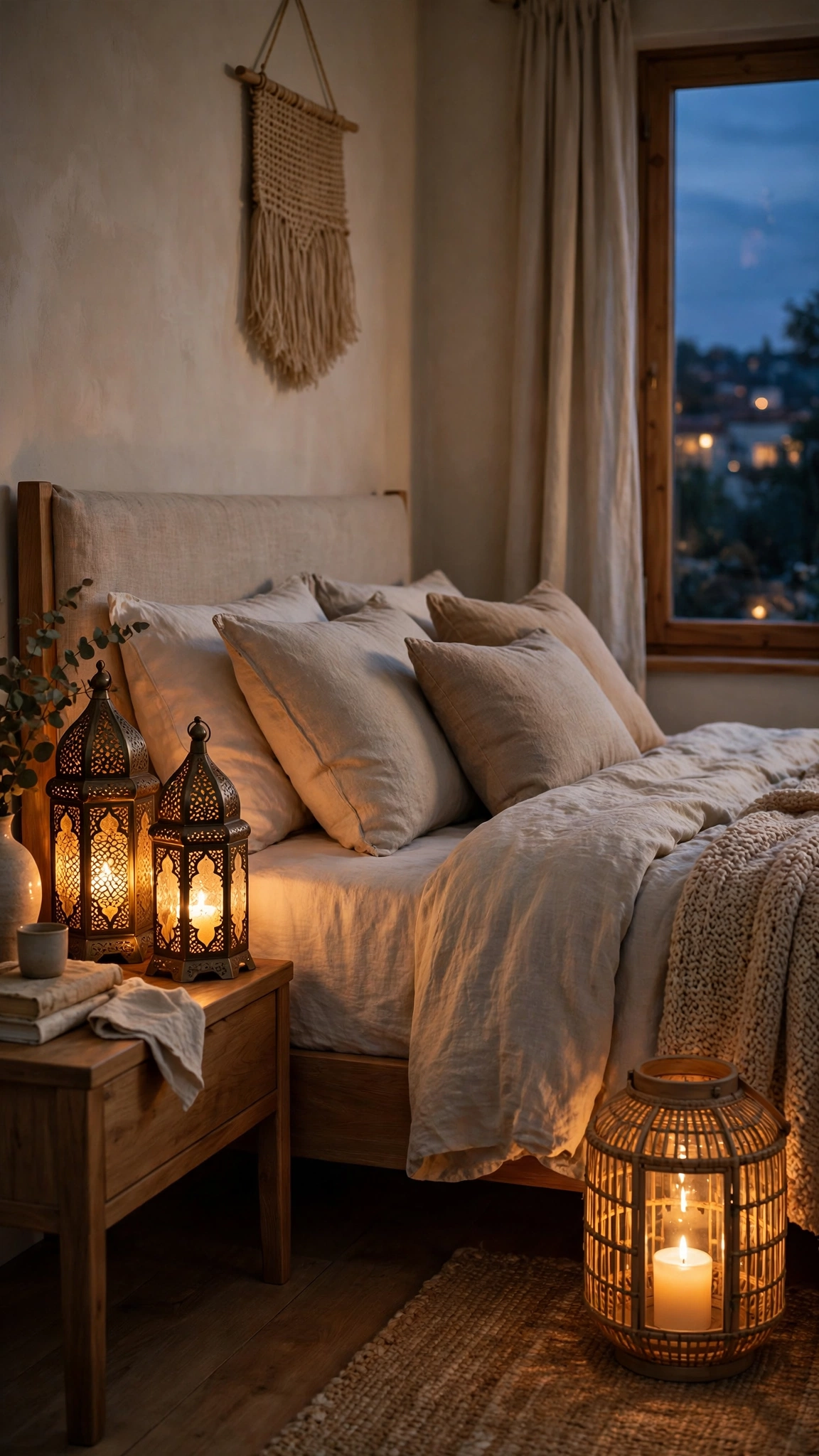 Christmas Bedroom Decor Ideas for a Cozy Festive Retreat 12 Decorative lanterns glowing beside a cozy bedroom bed in warm evening light