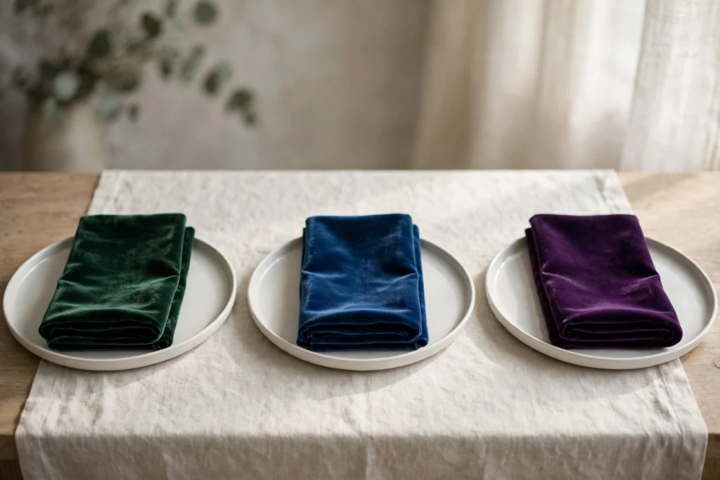 Jewel-tone velvet napkins folded elegantly on Thanksgiving dinner plates with extra care.